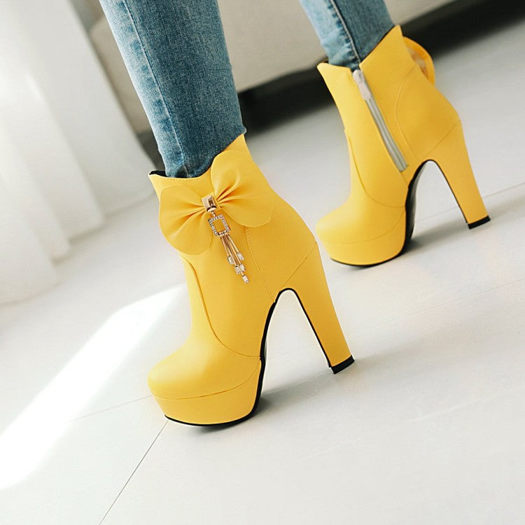 Pu Leather Almond Toe Bow Tie Tassel Block Chunky Heel Platform Short Boots for Women