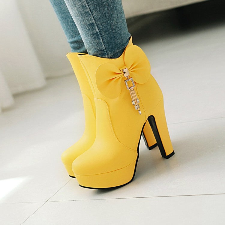 Pu Leather Almond Toe Bow Tie Tassel Block Chunky Heel Platform Short Boots for Women