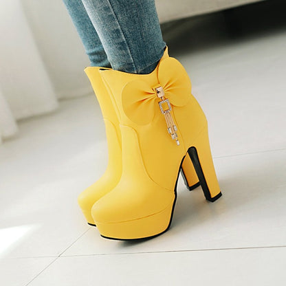 Pu Leather Almond Toe Bow Tie Tassel Block Chunky Heel Platform Short Boots for Women