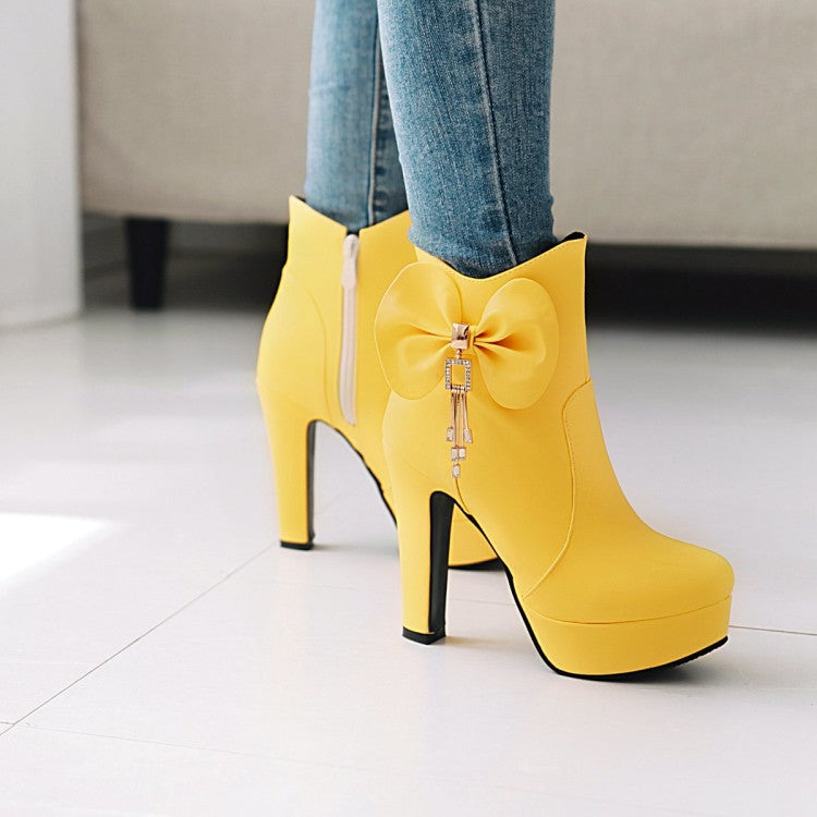 Pu Leather Almond Toe Bow Tie Tassel Block Chunky Heel Platform Short Boots for Women