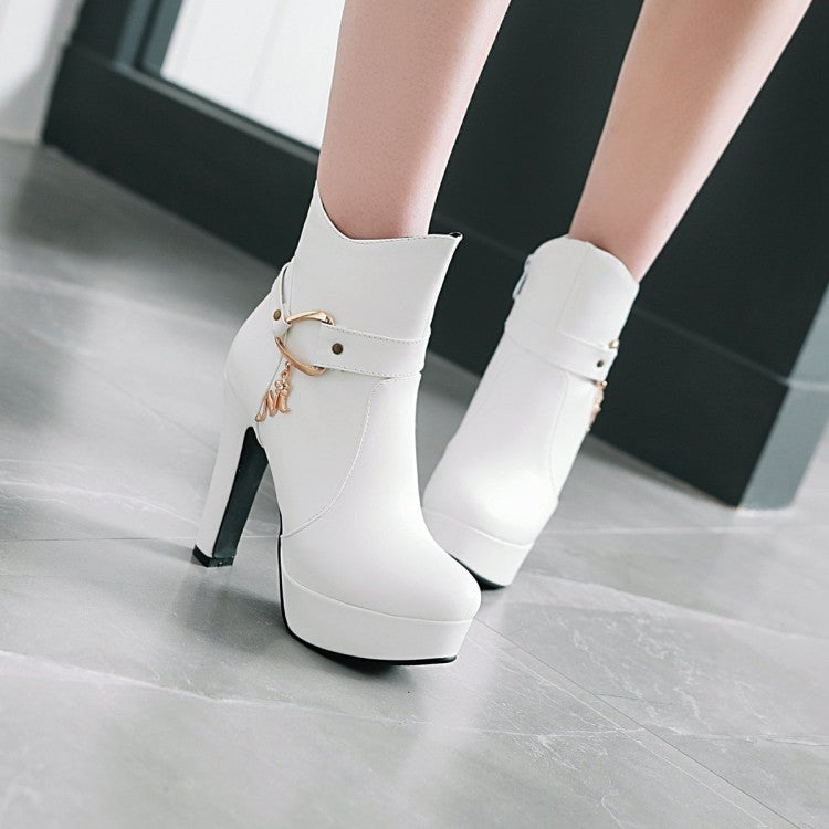 Pu Leather Almond Toe Buckle Straps Block Chunky Heel Side Zippers Platform Short Boots for Women