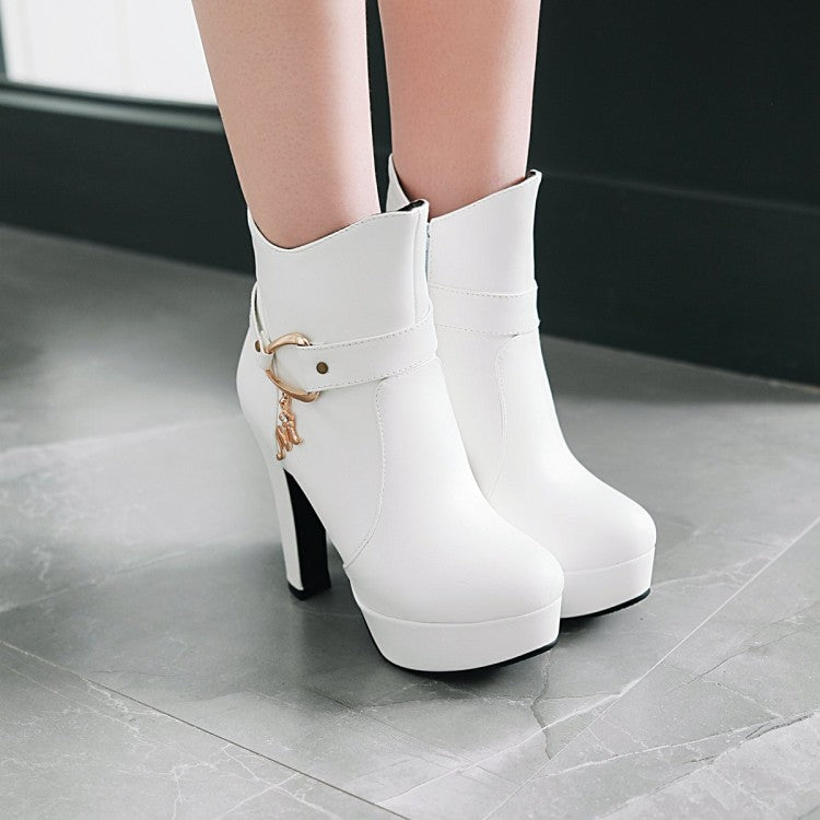 Pu Leather Almond Toe Buckle Straps Block Chunky Heel Side Zippers Platform Short Boots for Women