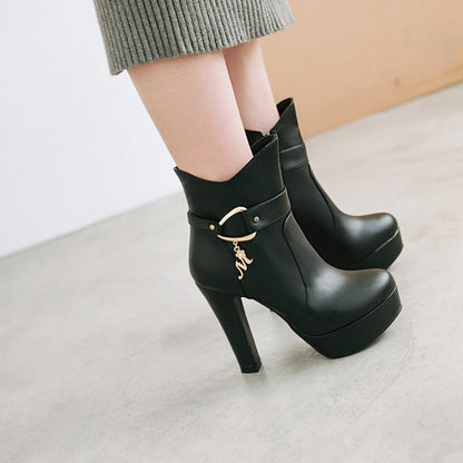 Pu Leather Almond Toe Buckle Straps Block Chunky Heel Side Zippers Platform Short Boots for Women