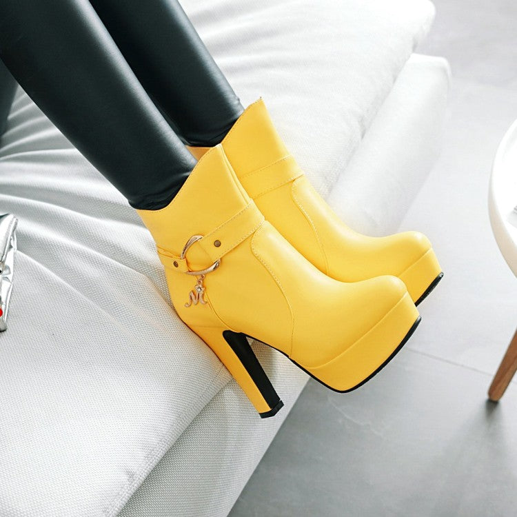 Pu Leather Almond Toe Buckle Straps Block Chunky Heel Side Zippers Platform Short Boots for Women