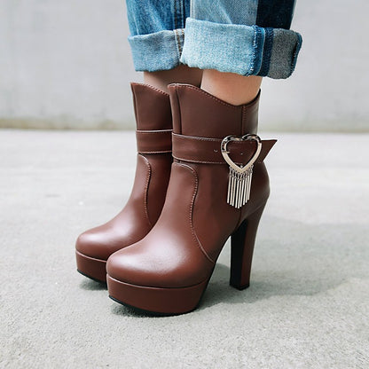 Pu Leather Almond Toe Love Hearts Buckle Straps Tassel Block Chunky Heel Platform Short Boots for Women