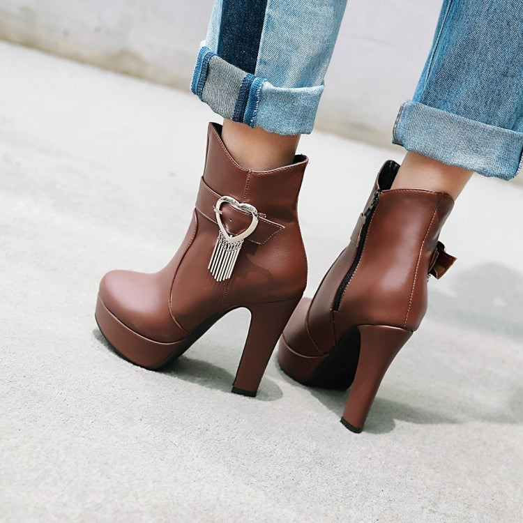 Pu Leather Almond Toe Love Hearts Buckle Straps Tassel Block Chunky Heel Platform Short Boots for Women