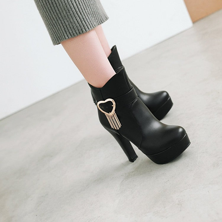 Pu Leather Almond Toe Love Hearts Buckle Straps Tassel Block Chunky Heel Platform Short Boots for Women