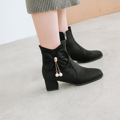 Flock Pearls Bow Tie Block Chunky Heel Short Boots for Women