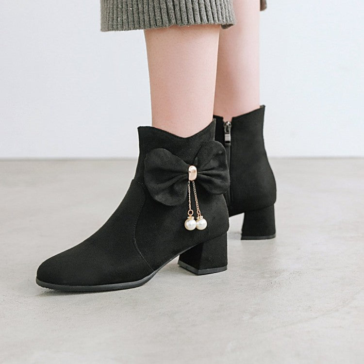 Flock Pearls Bow Tie Block Chunky Heel Short Boots for Women