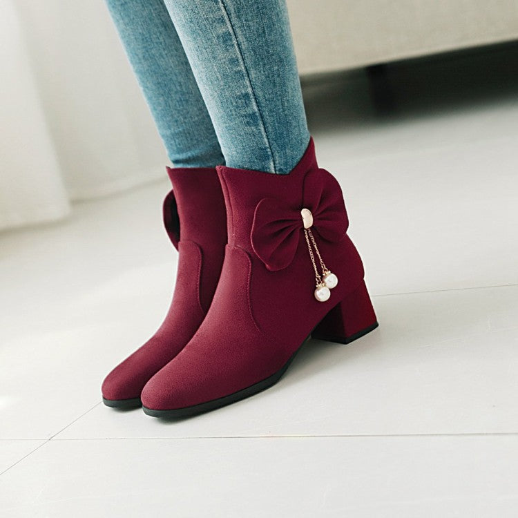 Flock Pearls Bow Tie Block Chunky Heel Short Boots for Women