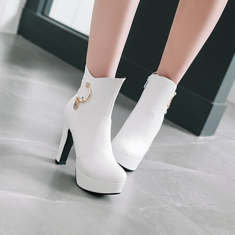 Pu Leather Almond Toe Side Zippers Block Chunky Heel Platform Short Boots for Women