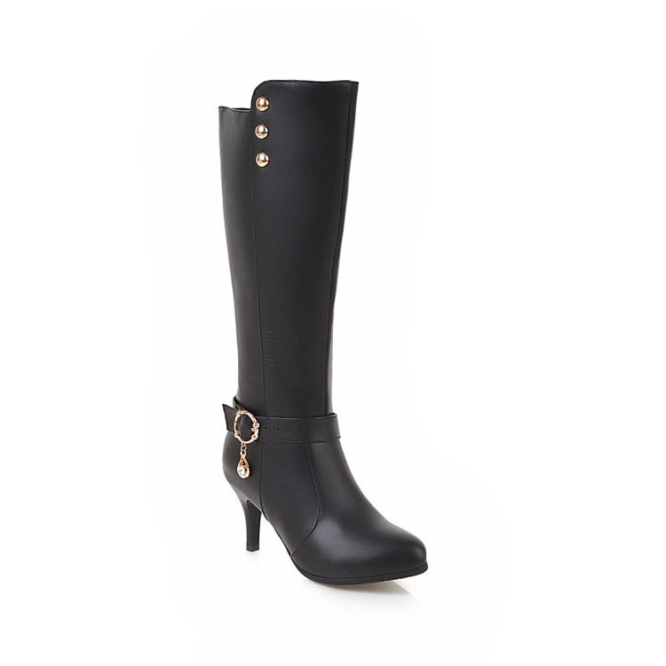 Rivets Rhinestone Buckle Straps Side Zippers Kitten Heel Knee High Boots for Women