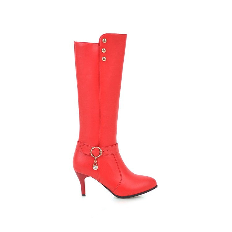 Rivets Rhinestone Buckle Straps Side Zippers Kitten Heel Knee High Boots for Women