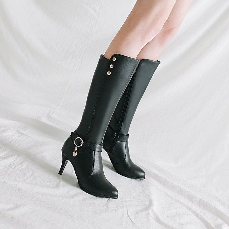 Rivets Rhinestone Buckle Straps Side Zippers Kitten Heel Knee High Boots for Women