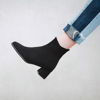 Flock Round Toe Side Zippers Block Chunky Heel Short Boots for Women