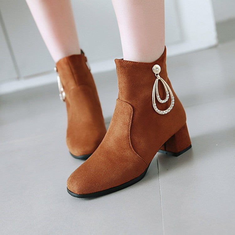 Flock Round Toe Rhinestone Pendants Side Zippers Block Chunky Heel Short Boots for Women