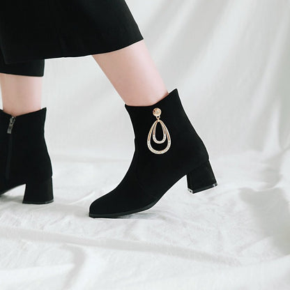 Flock Round Toe Rhinestone Pendants Side Zippers Block Chunky Heel Short Boots for Women