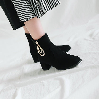 Flock Round Toe Rhinestone Pendants Side Zippers Block Chunky Heel Short Boots for Women