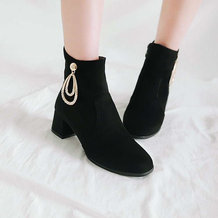 Flock Round Toe Rhinestone Pendants Side Zippers Block Chunky Heel Short Boots for Women