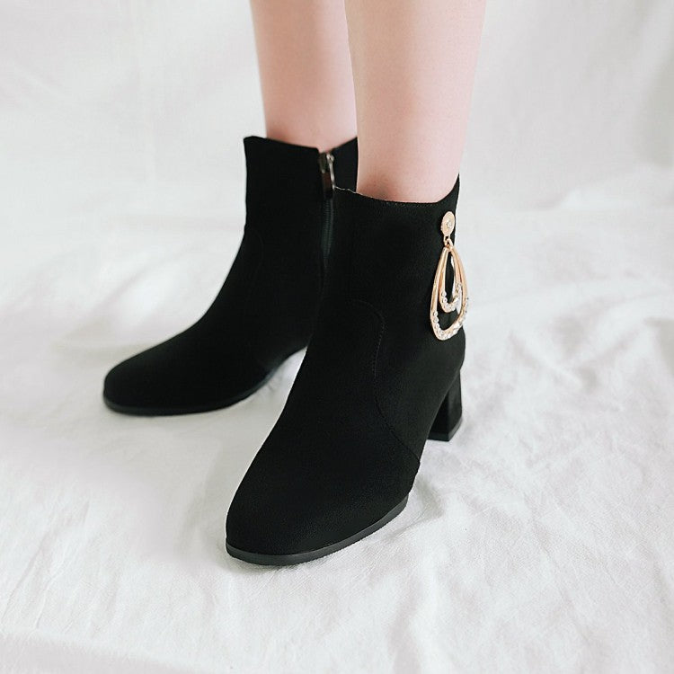 Flock Round Toe Rhinestone Pendants Side Zippers Block Chunky Heel Short Boots for Women