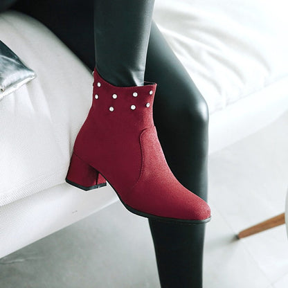 Flock Round Toe Rhinestone Side Zippers Block Chunky Heel Short Boots for Women