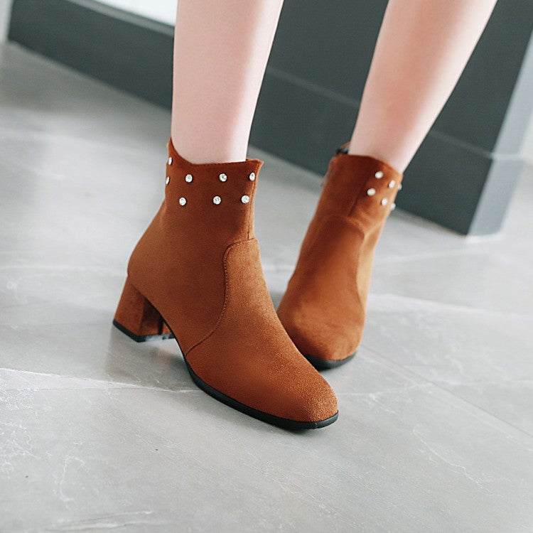 Flock Round Toe Rhinestone Side Zippers Block Chunky Heel Short Boots for Women