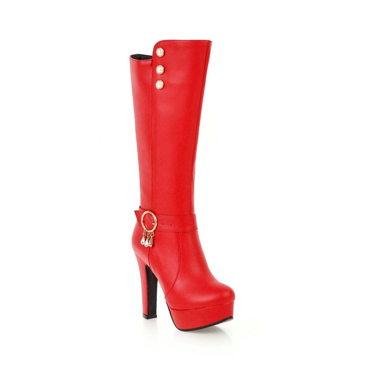 Rivets Pearls Side Zippers Buckle Straps Block Chunky Heel Platform Knee High Boots for Women