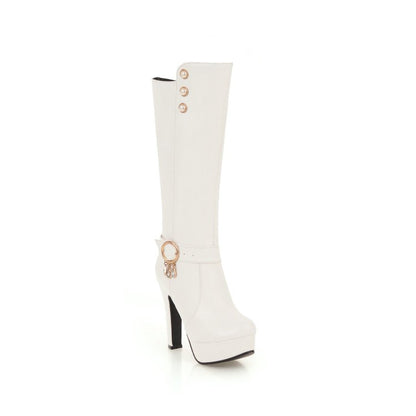 Rivets Pearls Side Zippers Buckle Straps Block Chunky Heel Platform Knee High Boots for Women