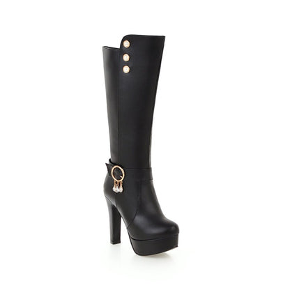 Rivets Pearls Side Zippers Buckle Straps Block Chunky Heel Platform Knee High Boots for Women