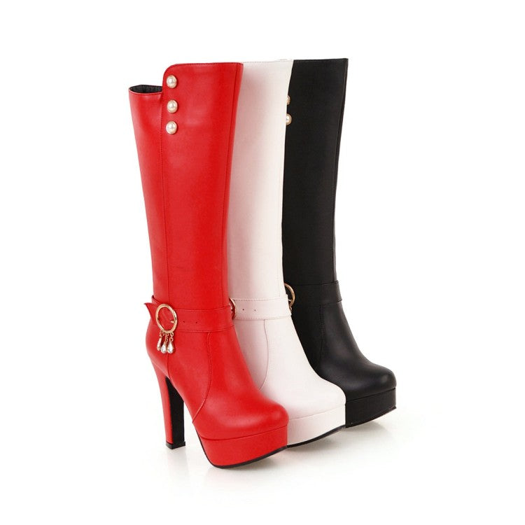 Rivets Pearls Side Zippers Buckle Straps Block Chunky Heel Platform Knee High Boots for Women