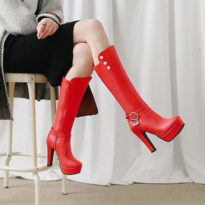 Rivets Pearls Side Zippers Buckle Straps Block Chunky Heel Platform Knee High Boots for Women