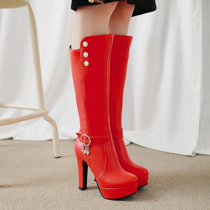 Rivets Pearls Side Zippers Buckle Straps Block Chunky Heel Platform Knee High Boots for Women