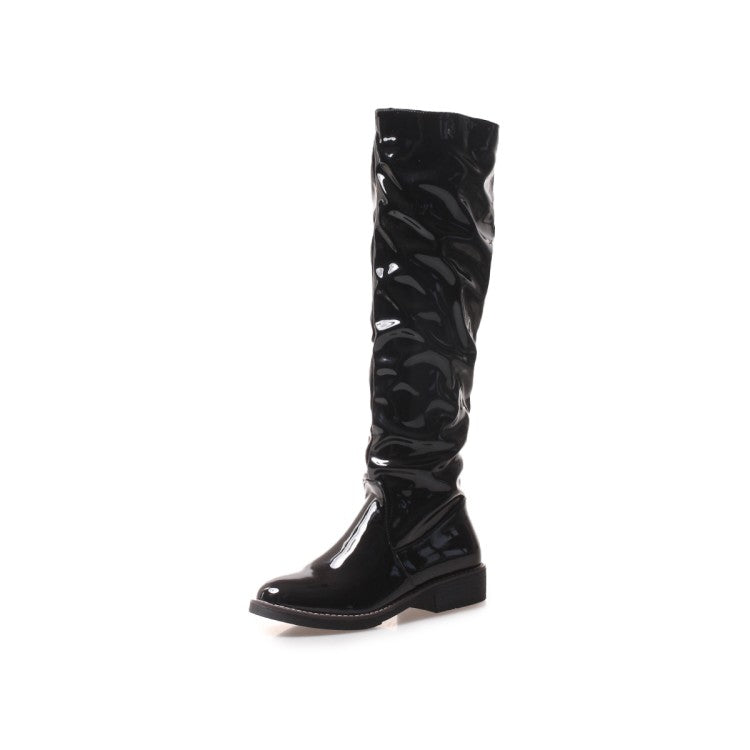 Glossy Round Toe Stitch Knee High Boots for Women