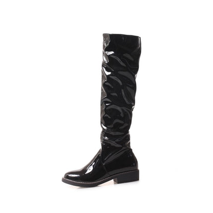 Glossy Round Toe Stitch Knee High Boots for Women