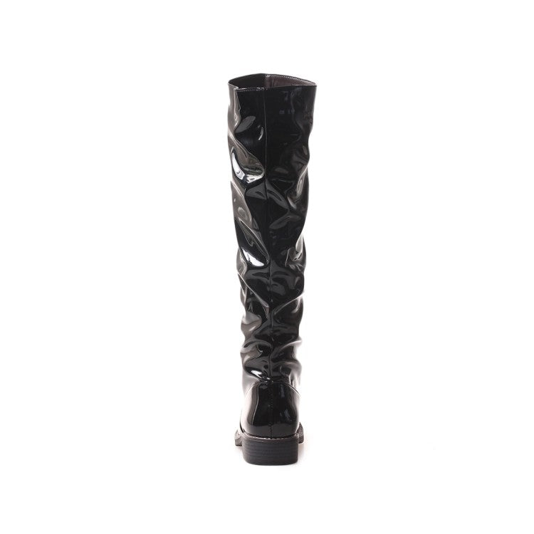 Glossy Round Toe Stitch Knee High Boots for Women