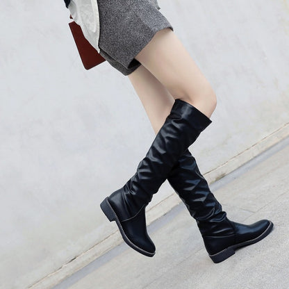 Glossy Round Toe Stitch Knee High Boots for Women