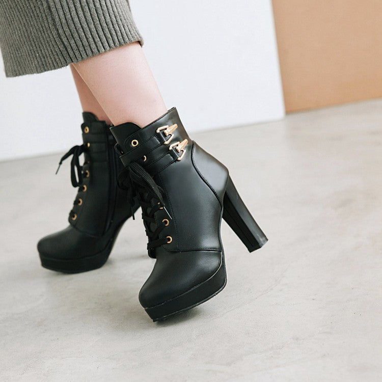 Ladies Lace Up Chunky Heel Platform Ankle Boots