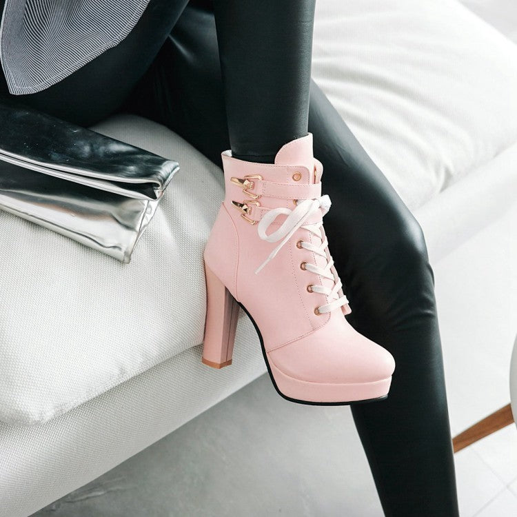 Ladies Lace Up Chunky Heel Platform Ankle Boots