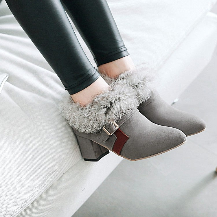 Flock Pointed Toe Buckle Straps Floppy Block Chunky Heel Short Boots for Women