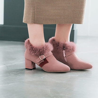 Flock Pointed Toe Buckle Straps Floppy Block Chunky Heel Short Boots for Women