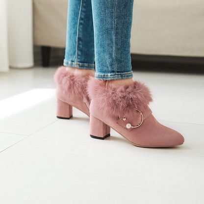 Flock Pointed Toe Floppy Pearls Block Chunky Heel Short Boots for Women