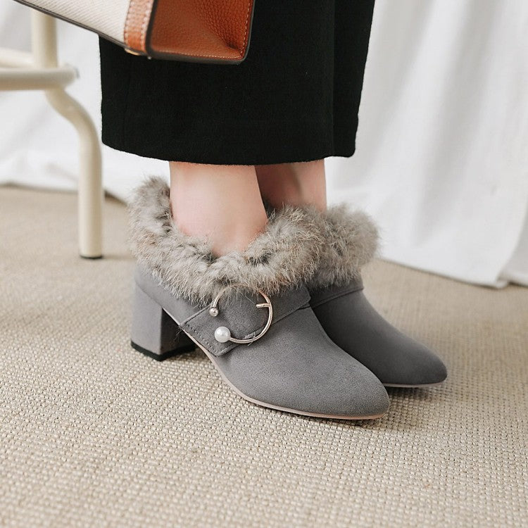 Flock Pointed Toe Floppy Pearls Block Chunky Heel Short Boots for Women