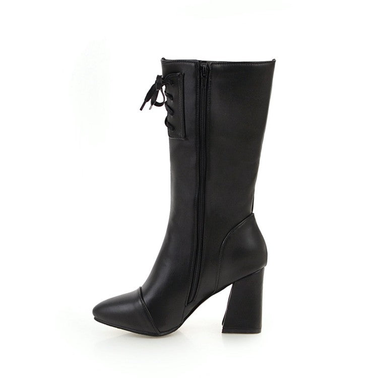 Pointed Toe Lace-Up Block Chunky Heel Mid-Calf Boots for Women