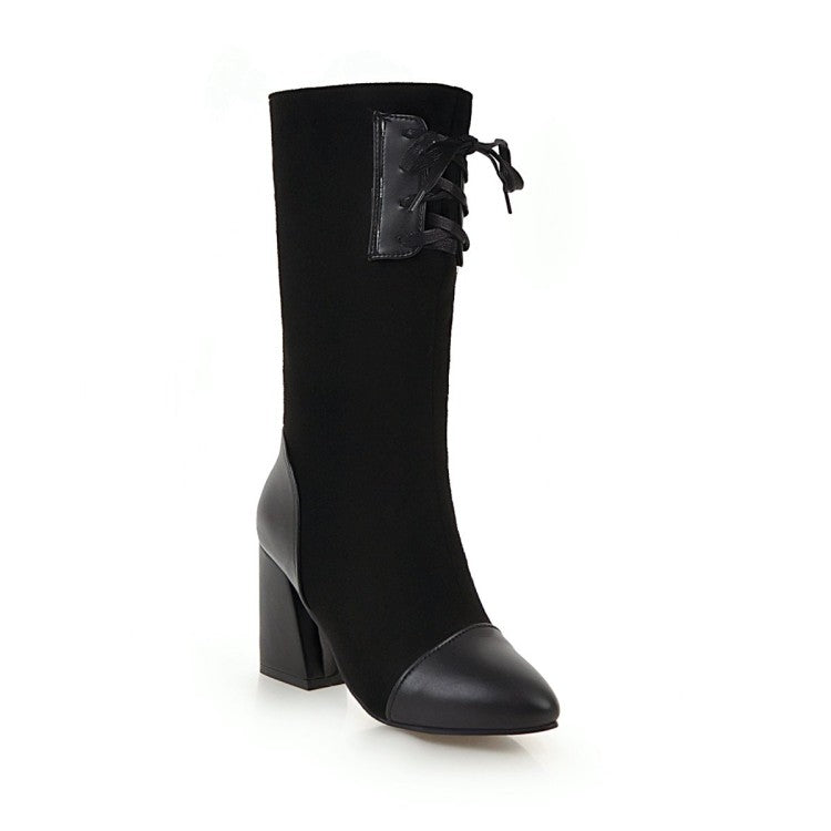 Pointed Toe Lace-Up Block Chunky Heel Mid-Calf Boots for Women