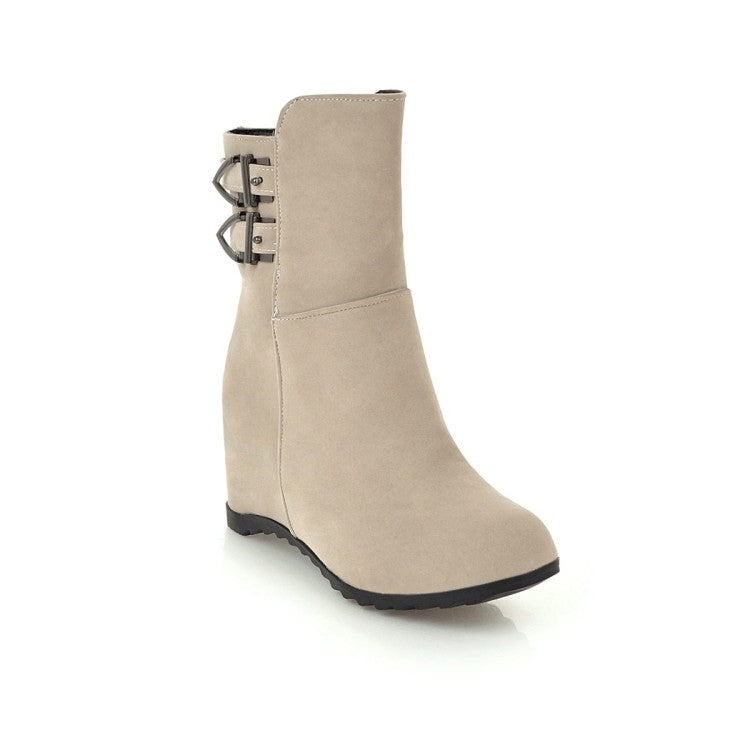 Flock Round Toe Buckle Straps Wedge Heel Short Boots for Women