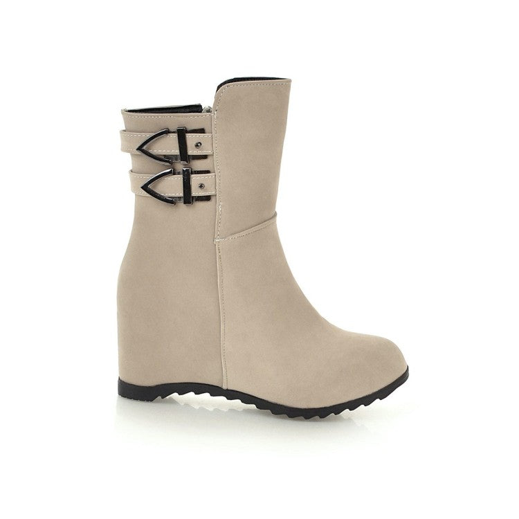 Flock Round Toe Buckle Straps Wedge Heel Short Boots for Women