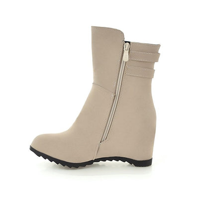 Flock Round Toe Buckle Straps Wedge Heel Short Boots for Women