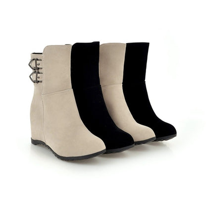 Flock Round Toe Buckle Straps Wedge Heel Short Boots for Women