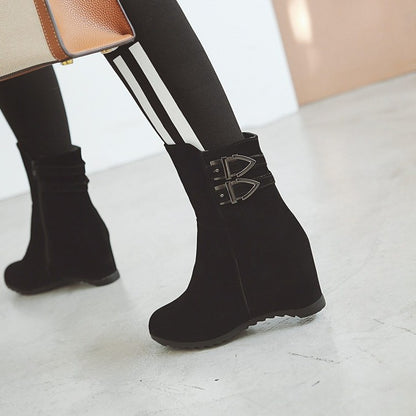 Flock Round Toe Buckle Straps Wedge Heel Short Boots for Women