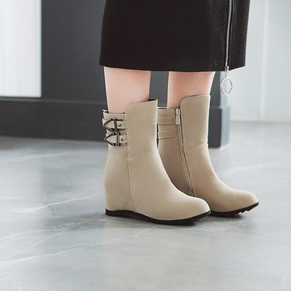 Flock Round Toe Buckle Straps Wedge Heel Short Boots for Women